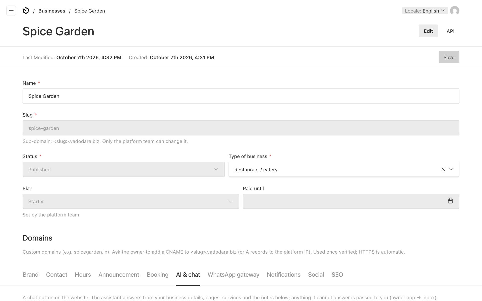 The business settings in the website editor, with the AI & chat tab selected