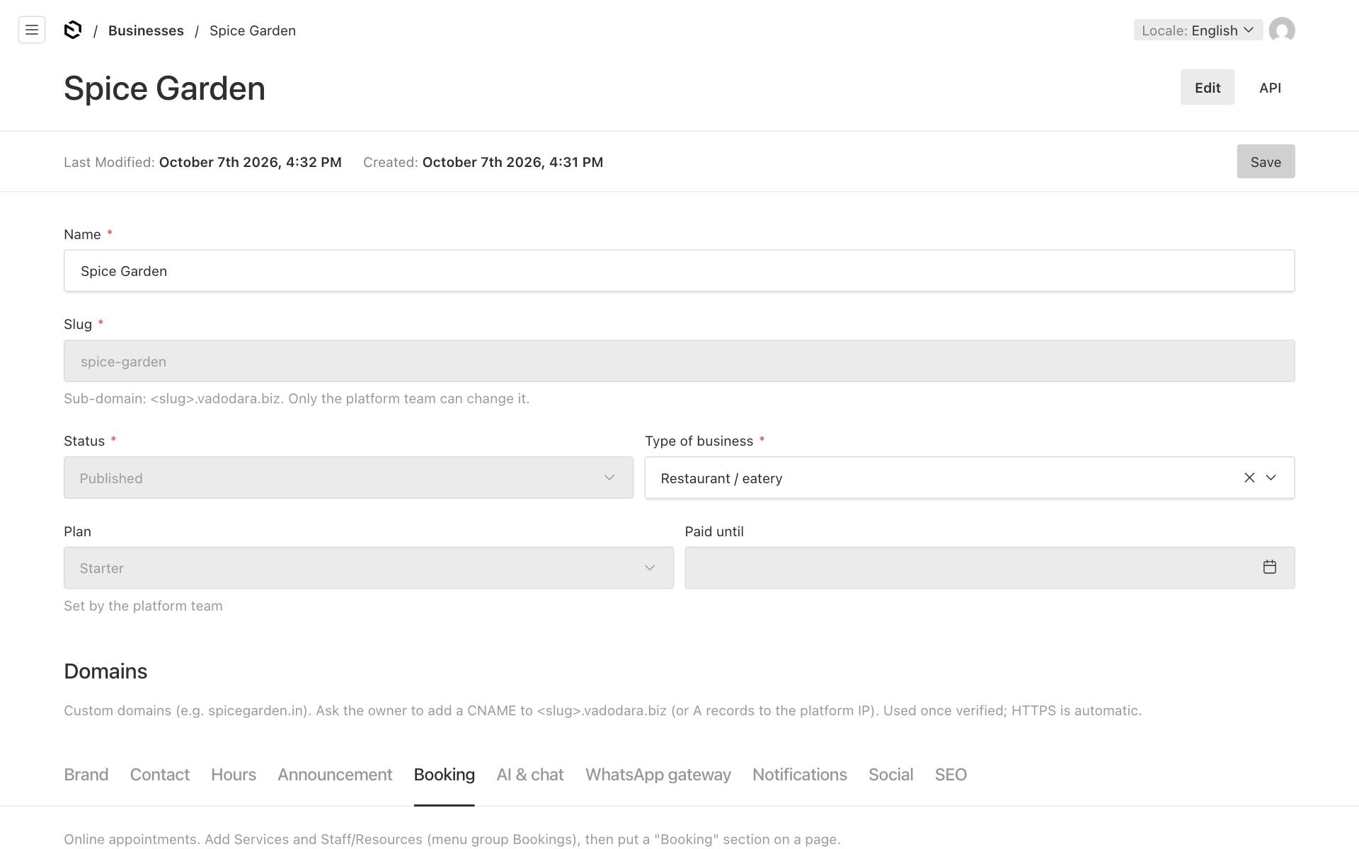 The Booking tab on your business in the website editor