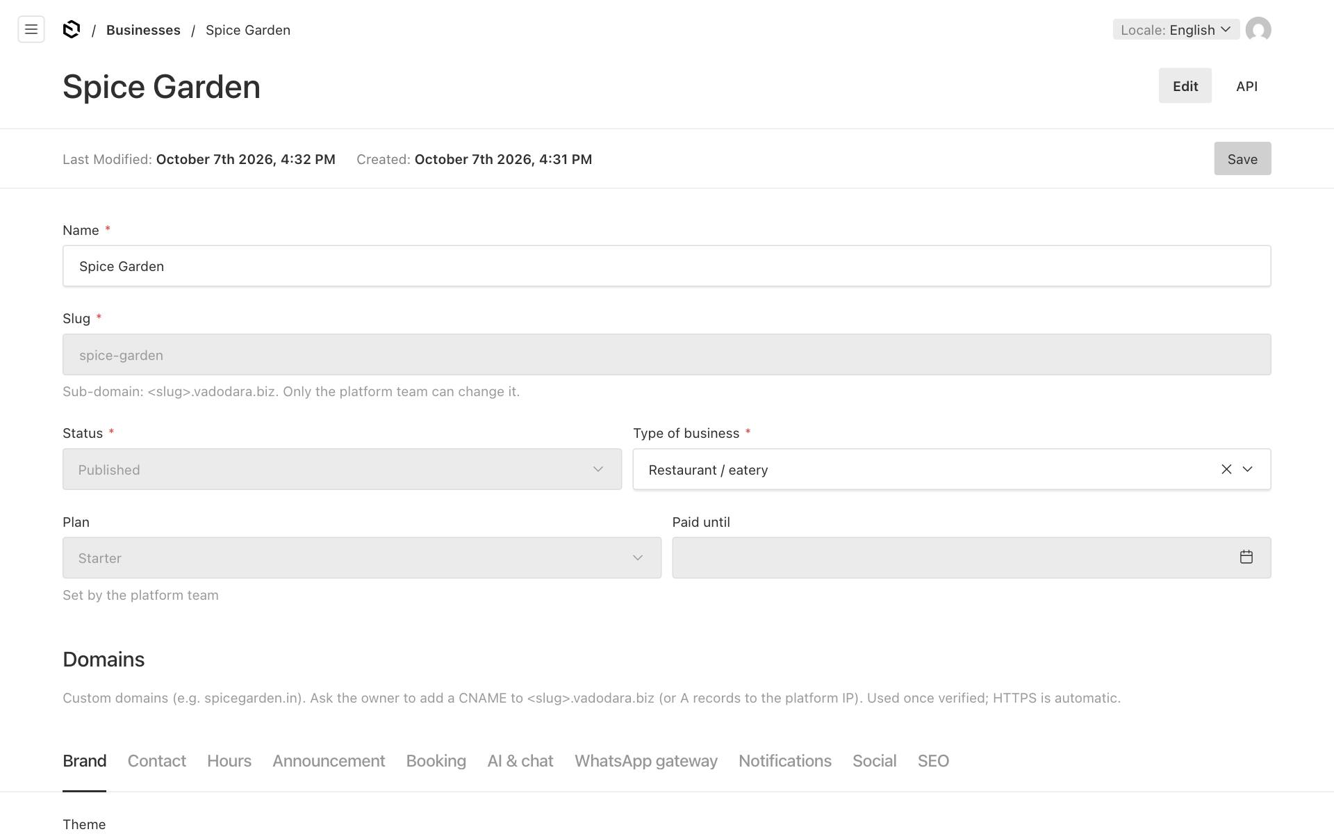 The business page in the website editor, with the Brand tab selected