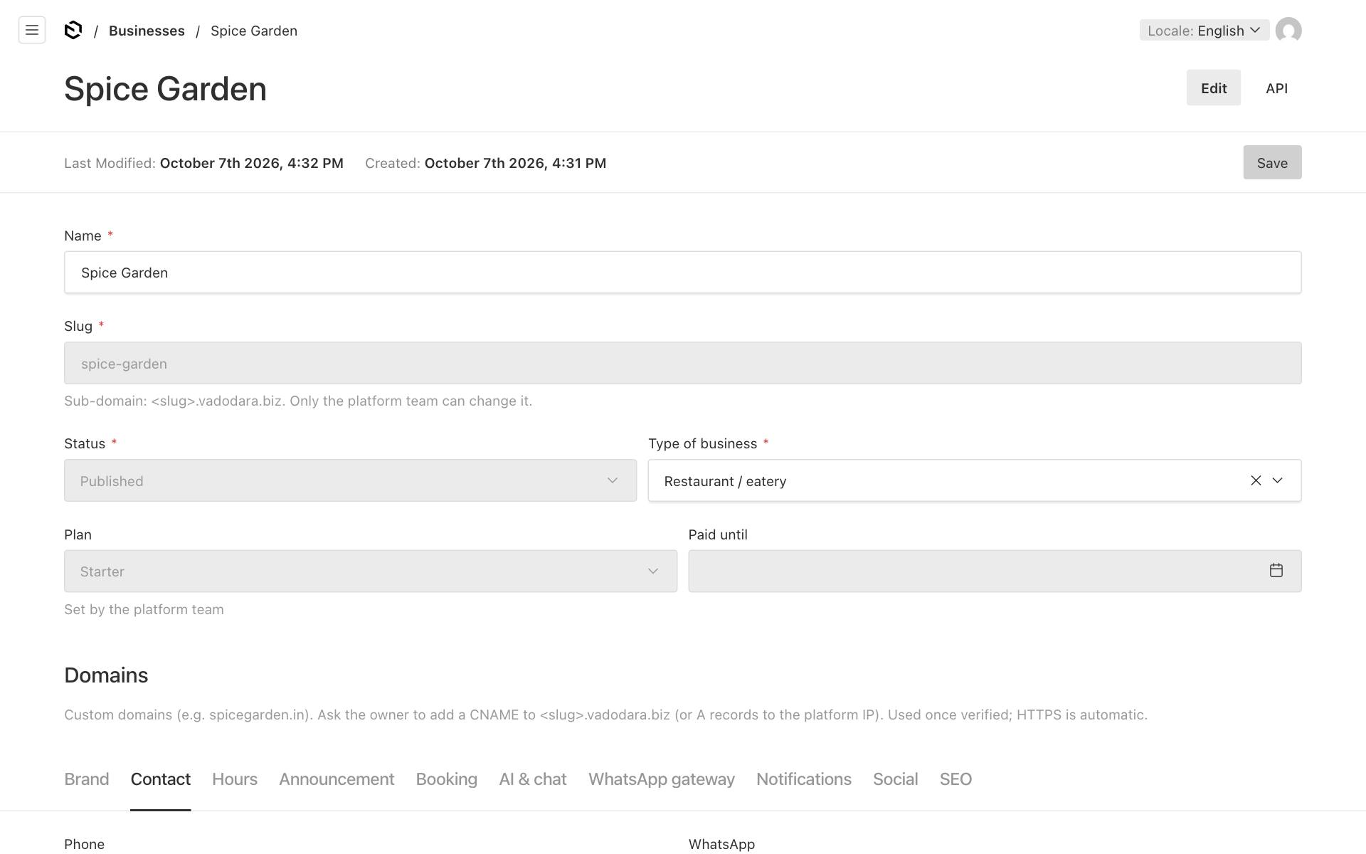 The business page in the website editor, with the Contact tab selected