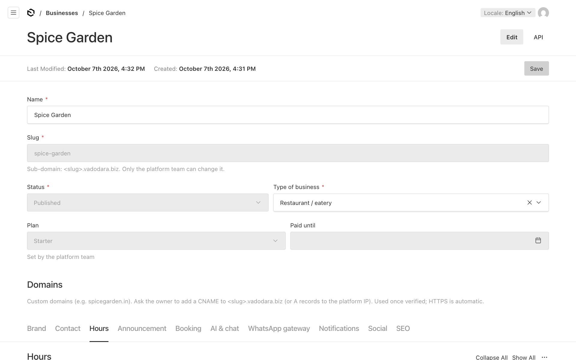 The Hours tab in the business editor