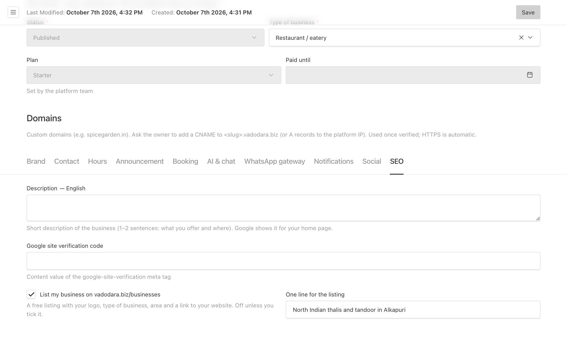 The SEO tab: Description, Google site verification code, and "List my business on vadodara.biz/businesses" with its one line for the listing