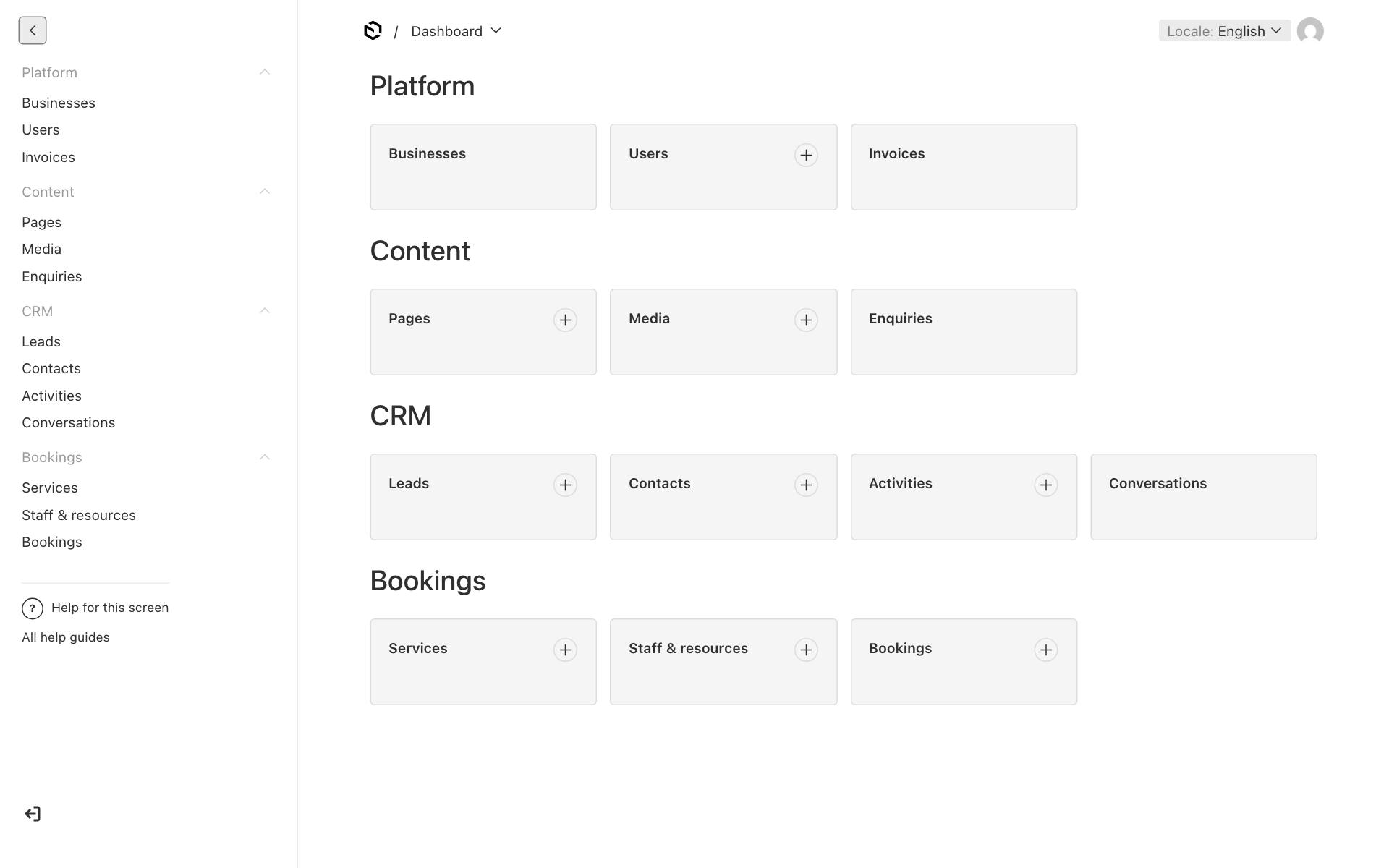 The editor dashboard with the Platform, Content, CRM and Bookings groups, and the Locale selector at the top right