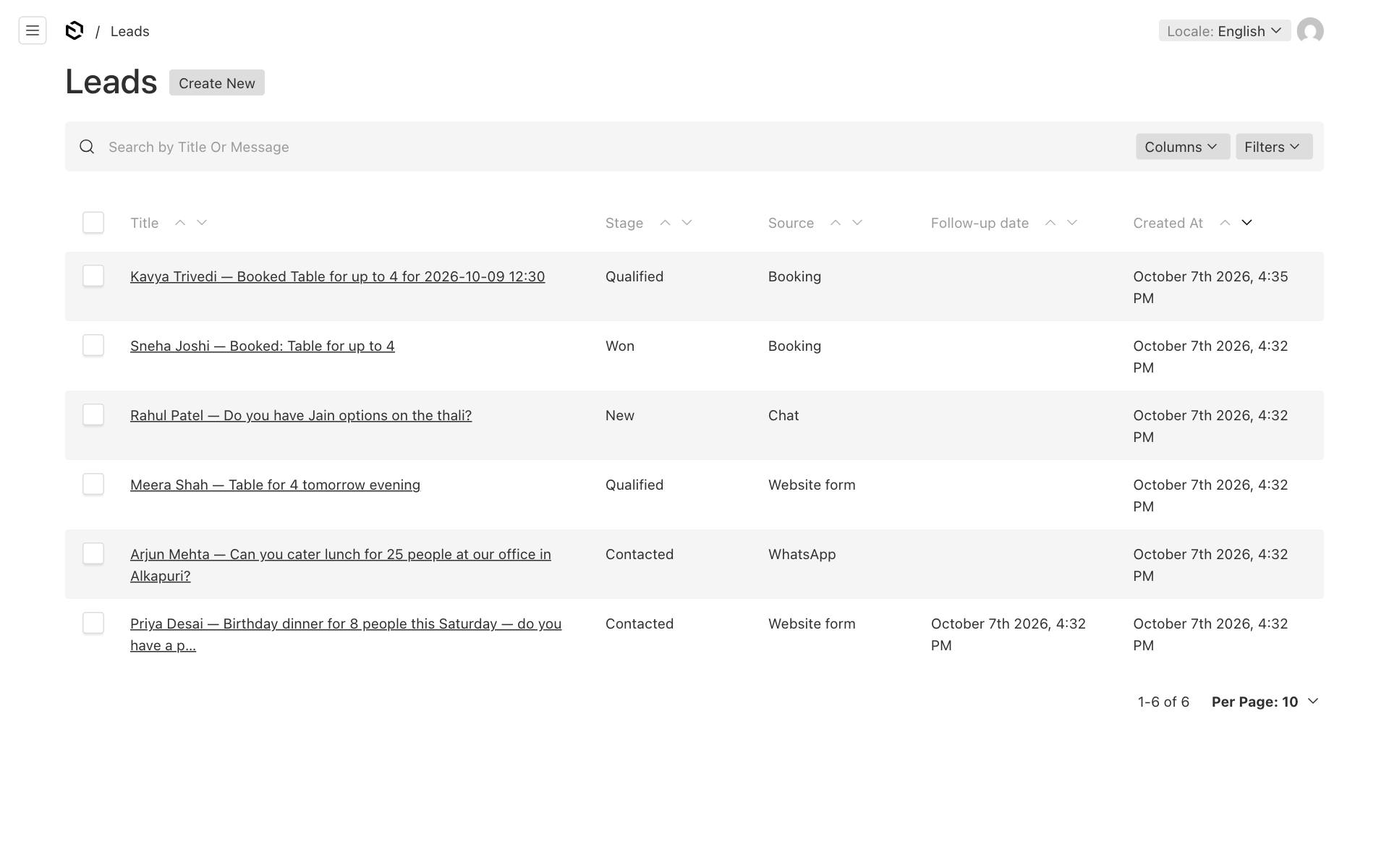Leads in the website editor, with stage, source and follow-up date
