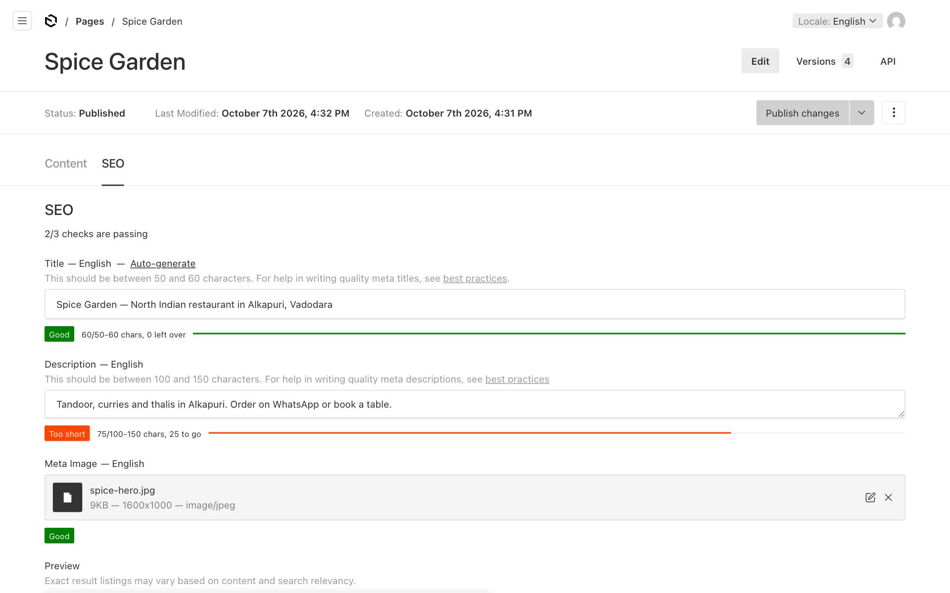 The SEO tab of the home page, with the title, description, image and checks