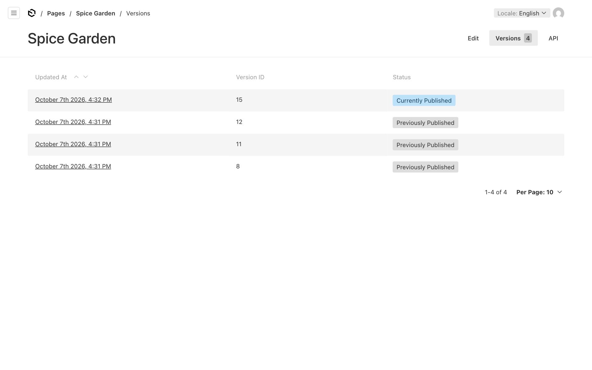 The Versions list of the home page, with the currently published version at the top