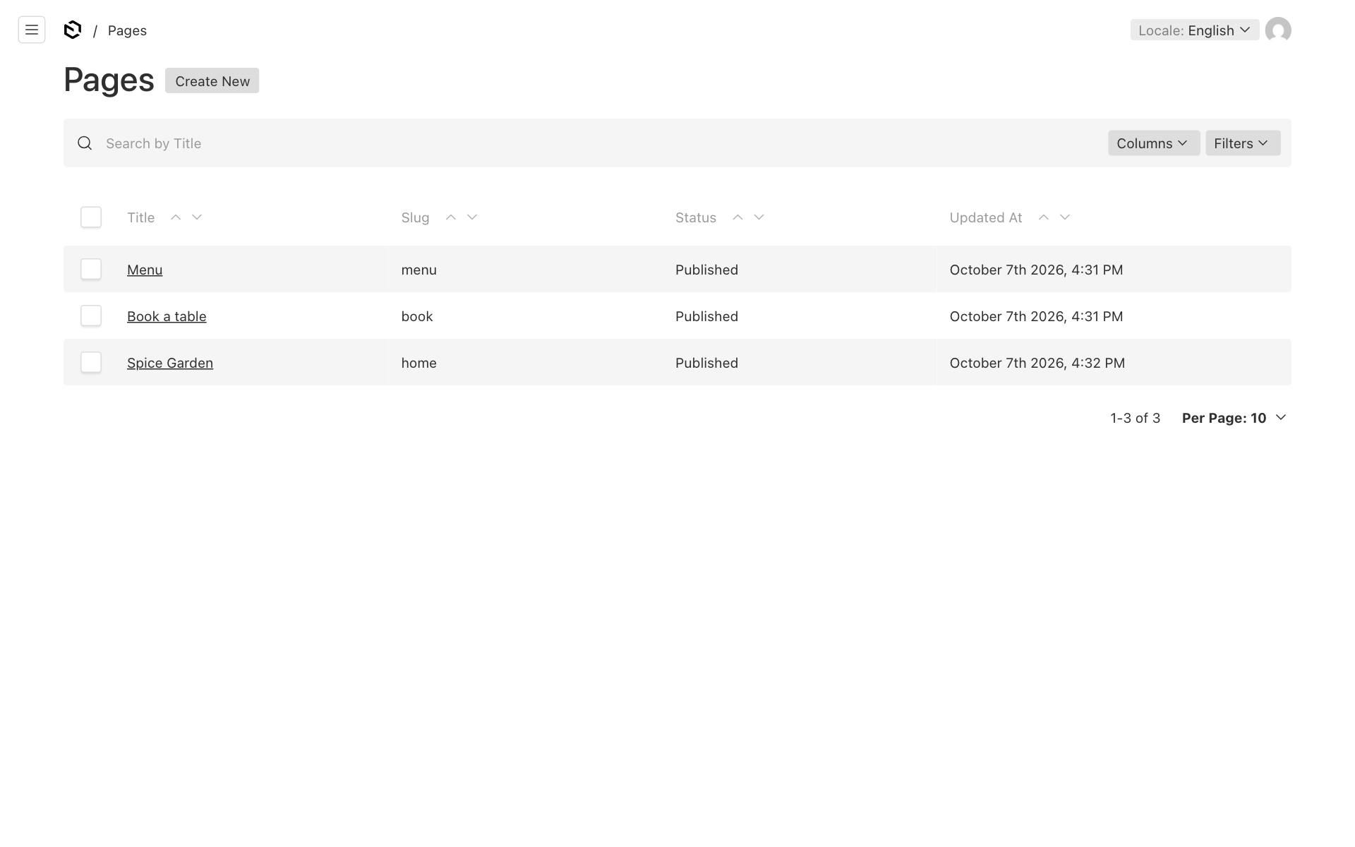 The Pages list, with three published pages: Menu, Book a table and the home page