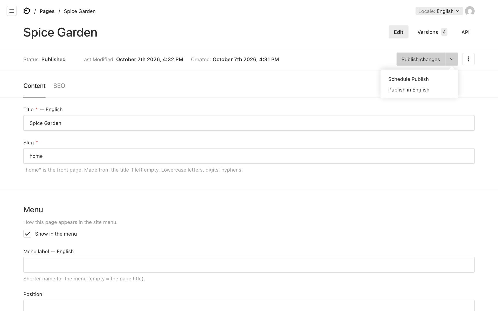 The arrow next to Publish changes, showing Schedule Publish and Publish in English