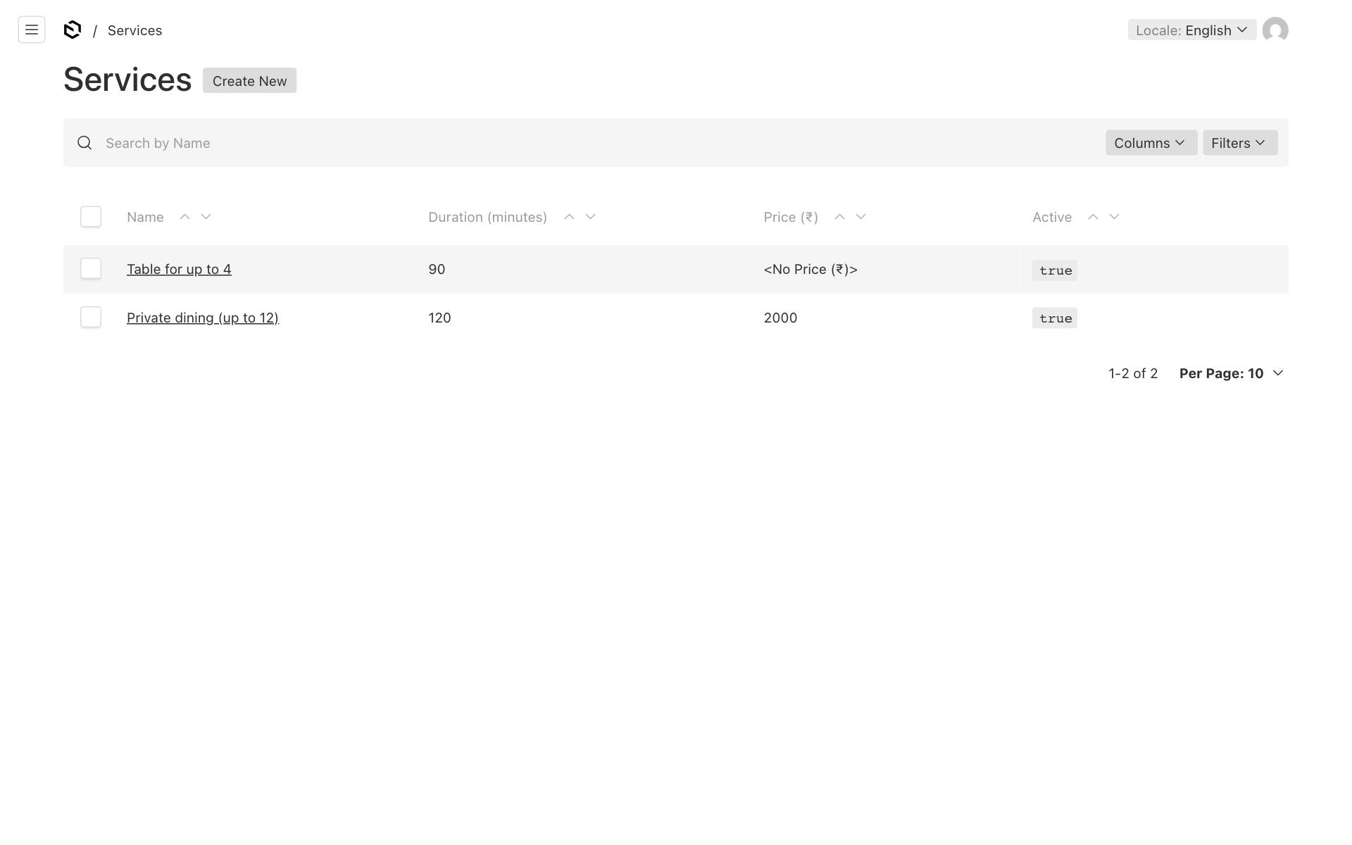 Services in the website editor, with duration, price and active