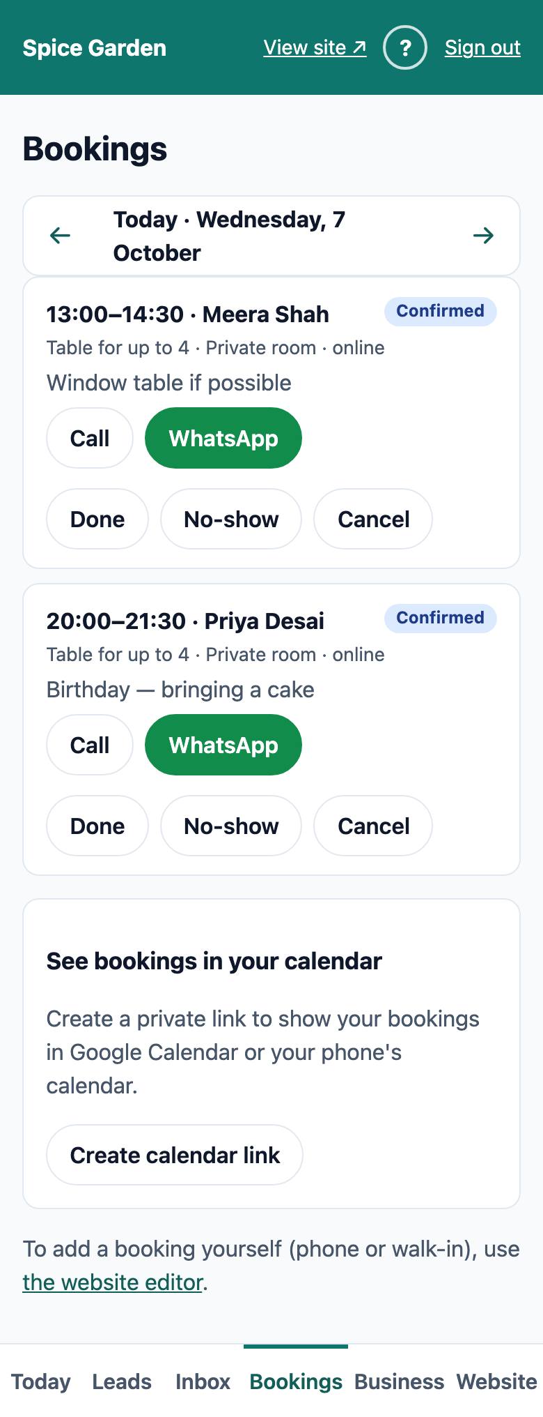 The Bookings screen: one day of bookings with Done, No-show and Cancel buttons