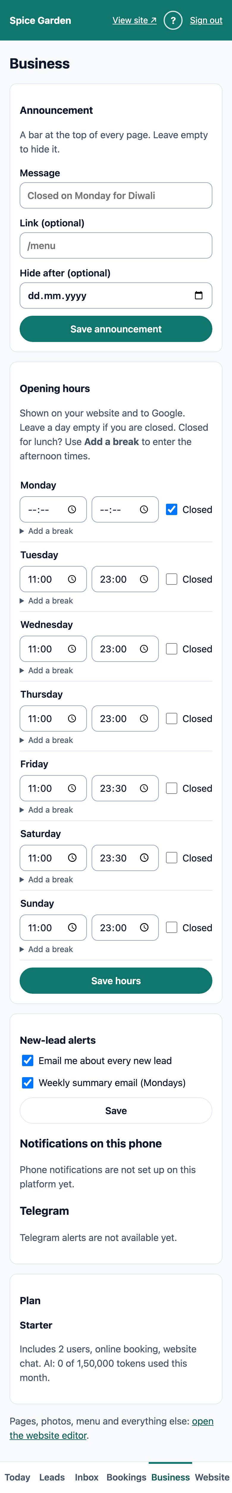 The Business screen in the owner app