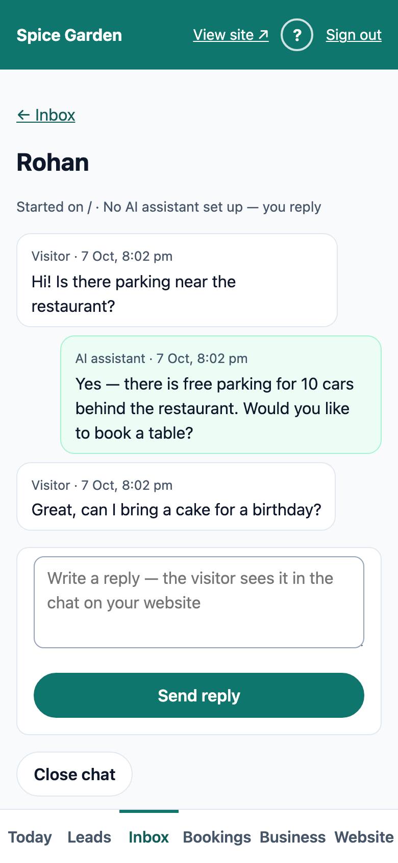 A chat in the owner app Inbox on a platform without AI: the line under the name says "No AI assistant set up — you reply" and there is no Suggest with AI button