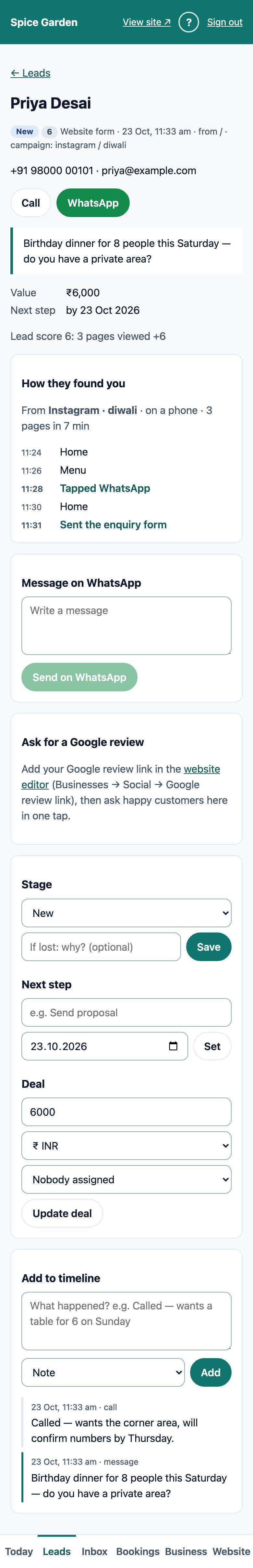 A lead: details, "How they found you", Message on WhatsApp, Stage, Follow up on and the timeline
