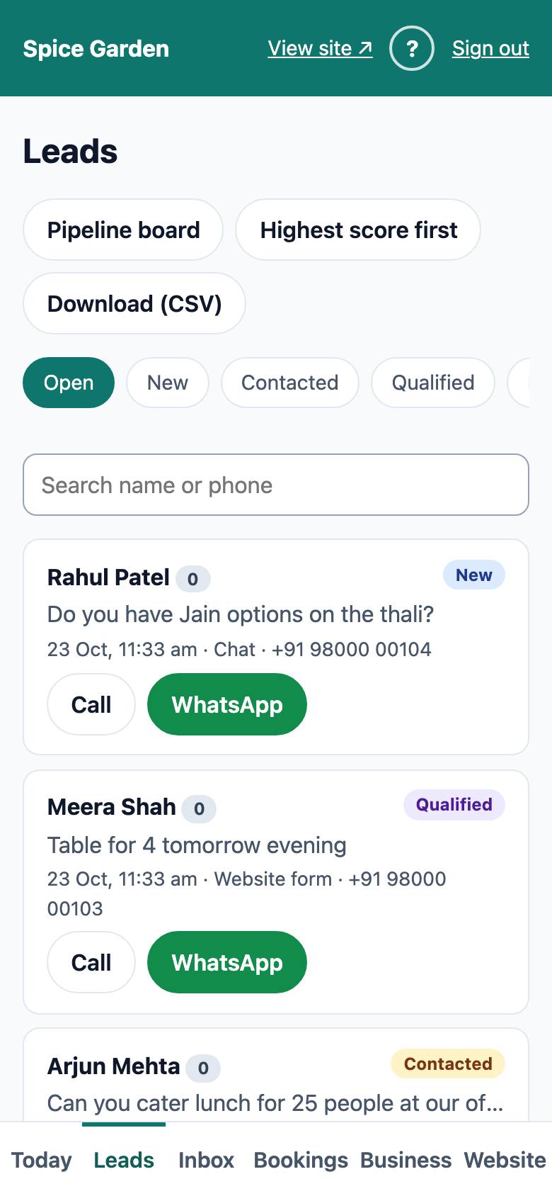 The Leads list: filter chips, search box, and Call and WhatsApp buttons on each lead