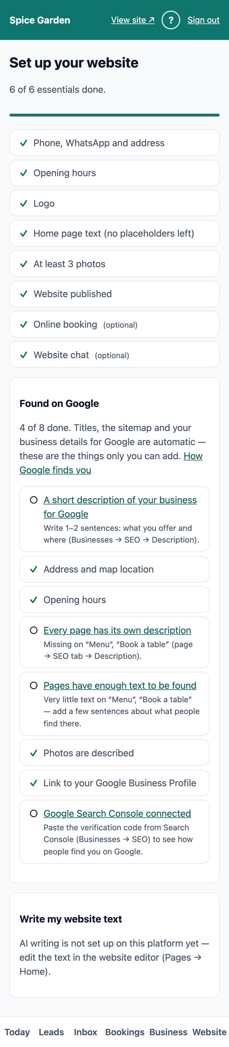 The Set up your website checklist on a platform without AI: the Write my website text box says AI writing is not set up yet
