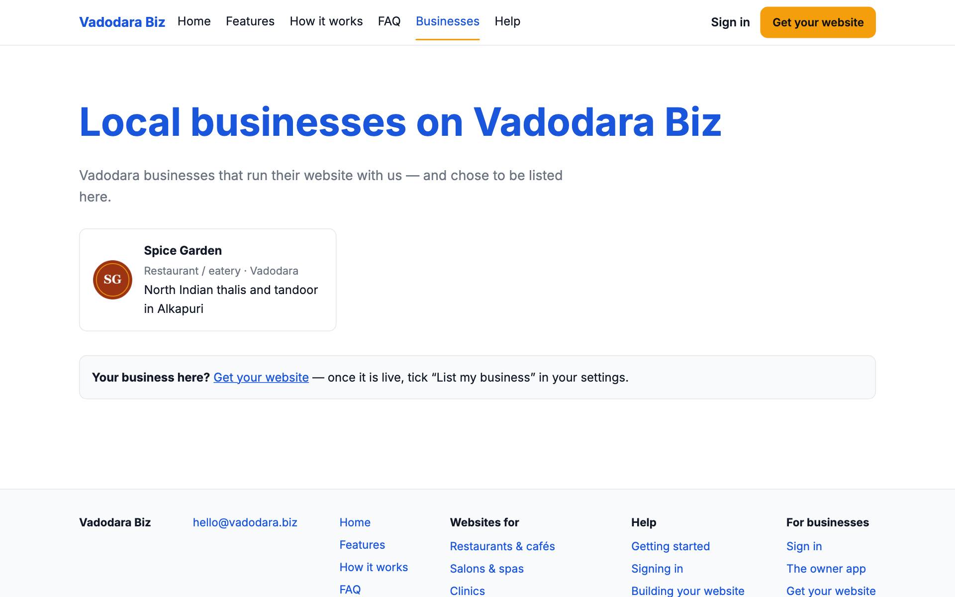 The list of businesses on vadodara.biz, with Spice Garden's logo, type, city and line