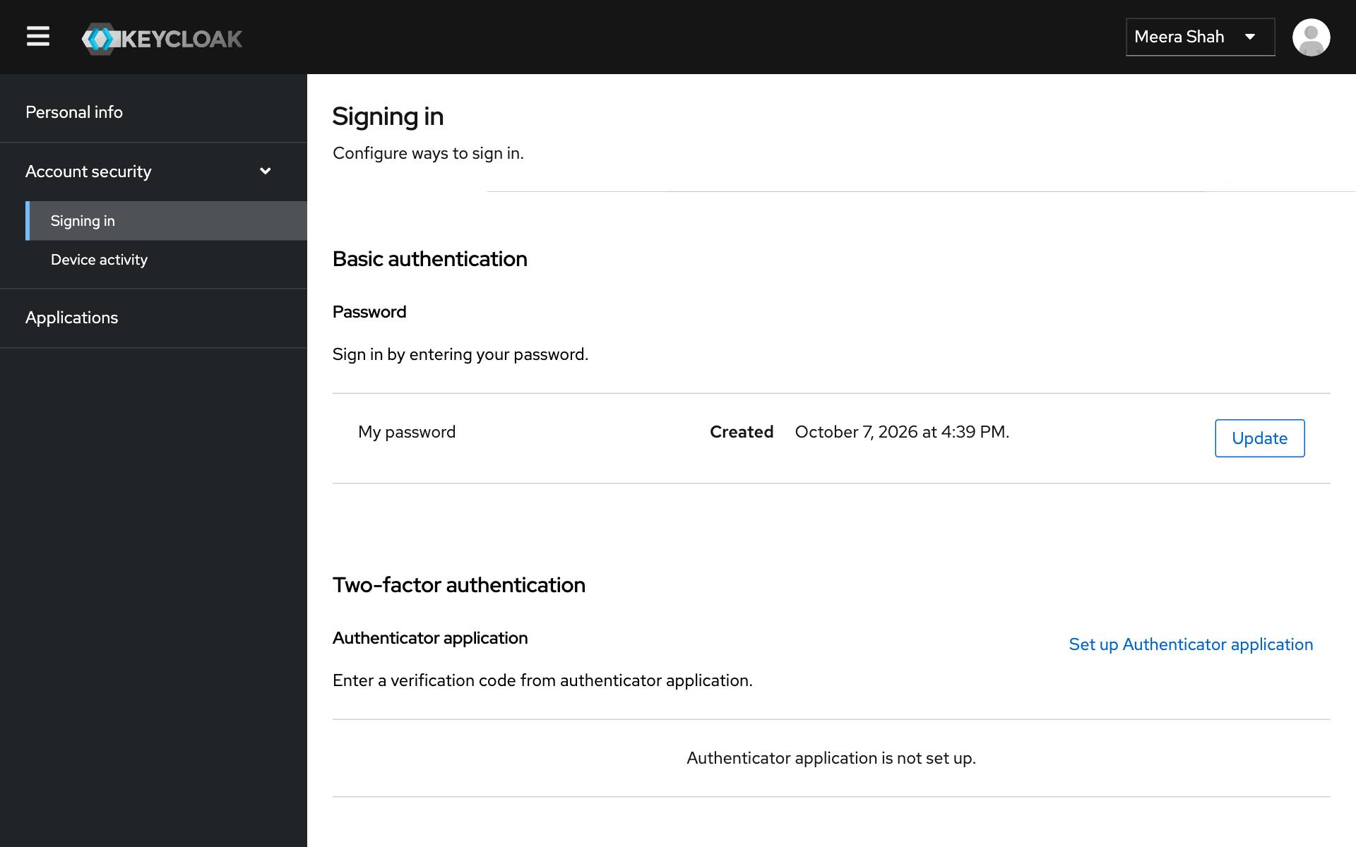 The account page: Account security → Signing in, with "Set up Authenticator application" under Two-factor authentication