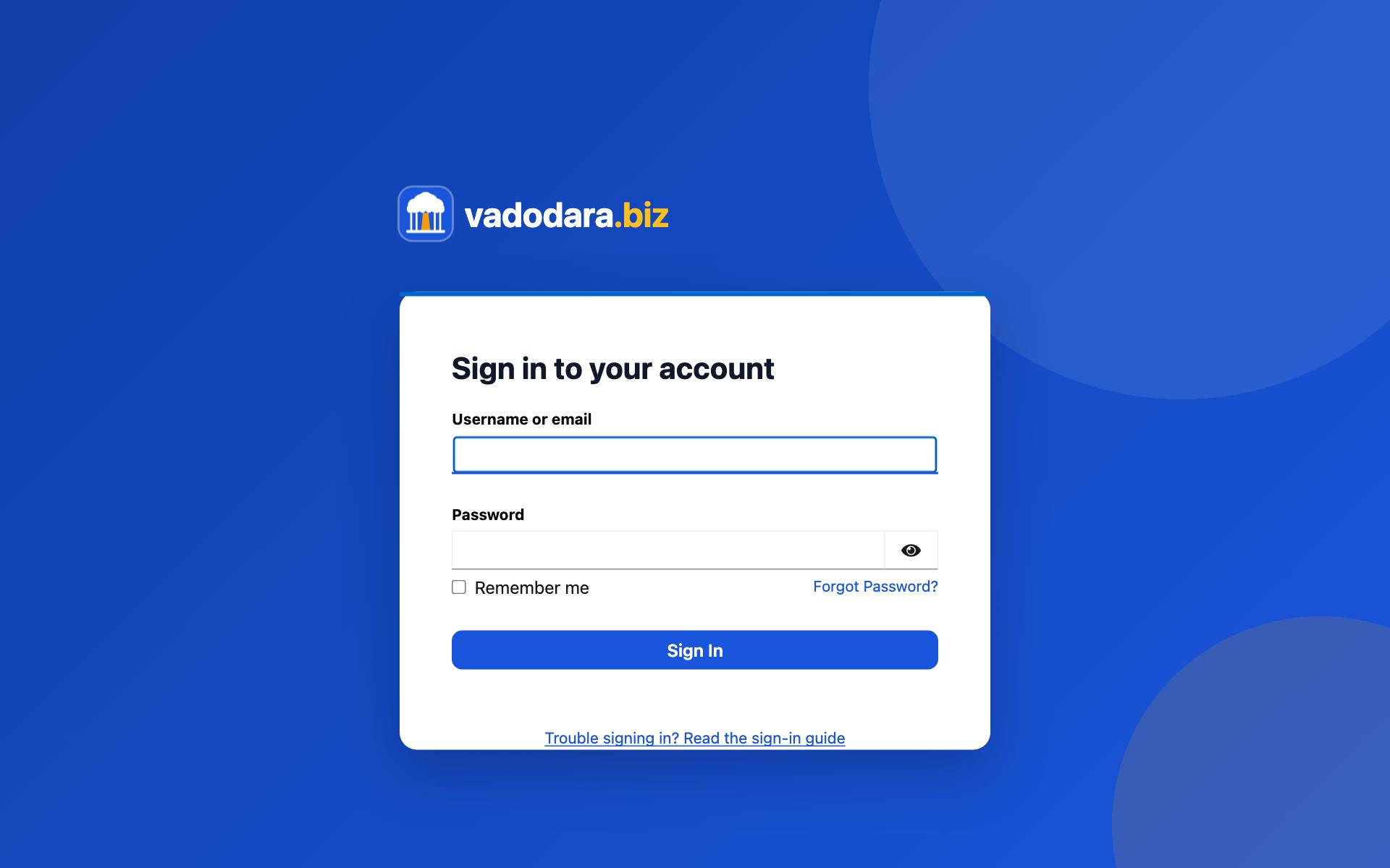 The vadodara.biz sign-in page: Username or email, Password, the Sign In button and the "Trouble signing in?" link