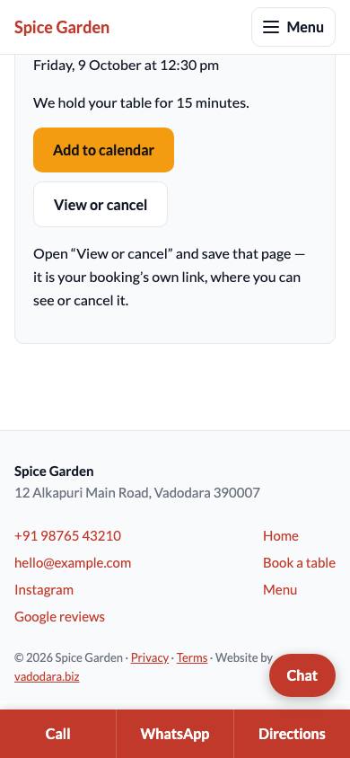 The confirmation with Add to calendar and View or cancel