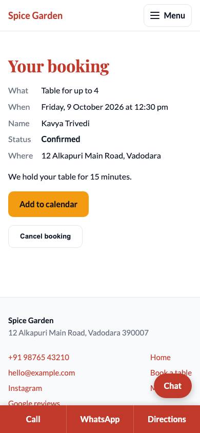 Your booking page with the details and the Cancel booking button
