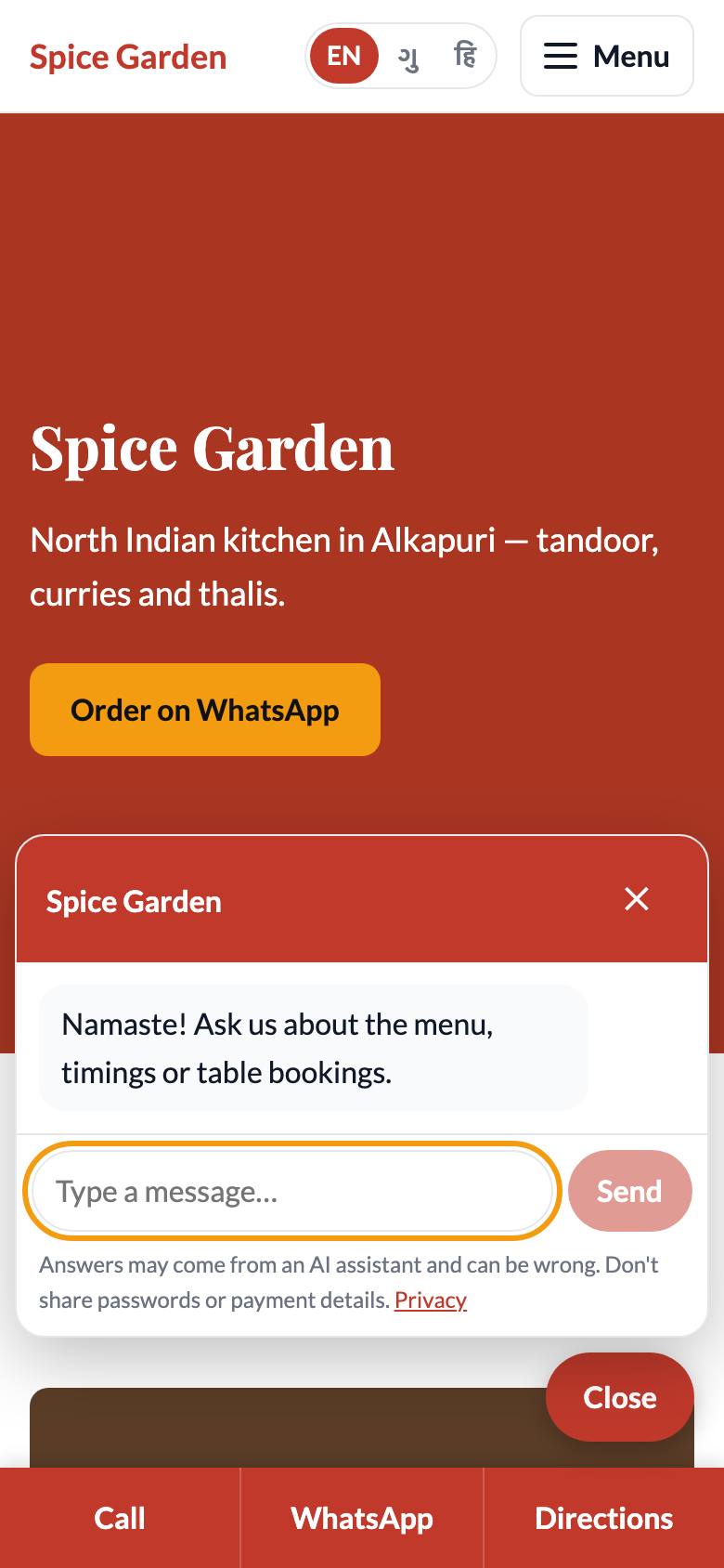 The chat window on a phone, with the greeting and the message box