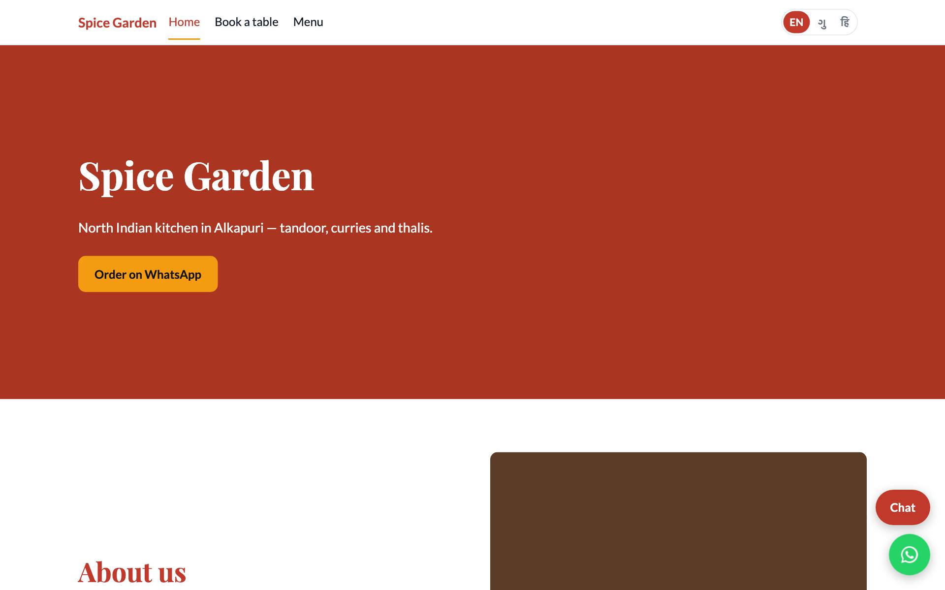 The Spice Garden website on a computer: name, short line, an "Order on WhatsApp" button, and Chat and WhatsApp buttons at the bottom right