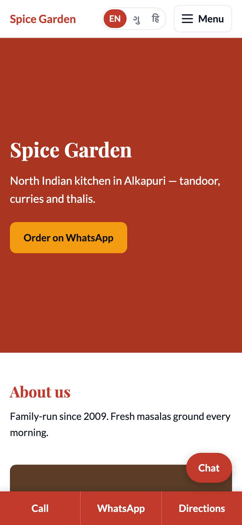 The Spice Garden home page on a phone, showing the logo, menu, brand colour and buttons