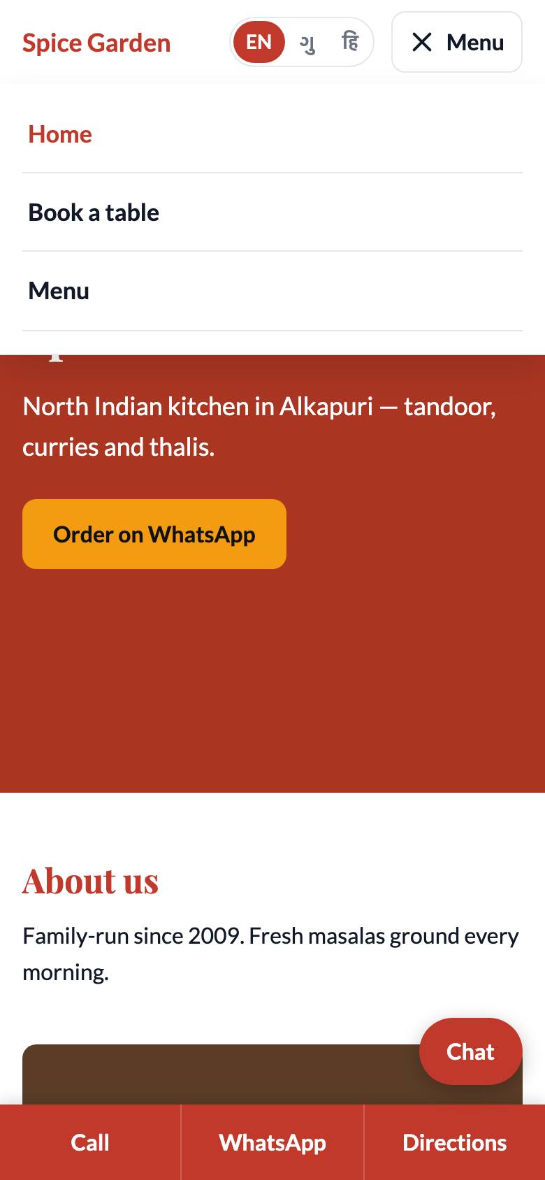 The language switcher EN · ગુ · हि in the header of a phone, next to the ☰ Menu button